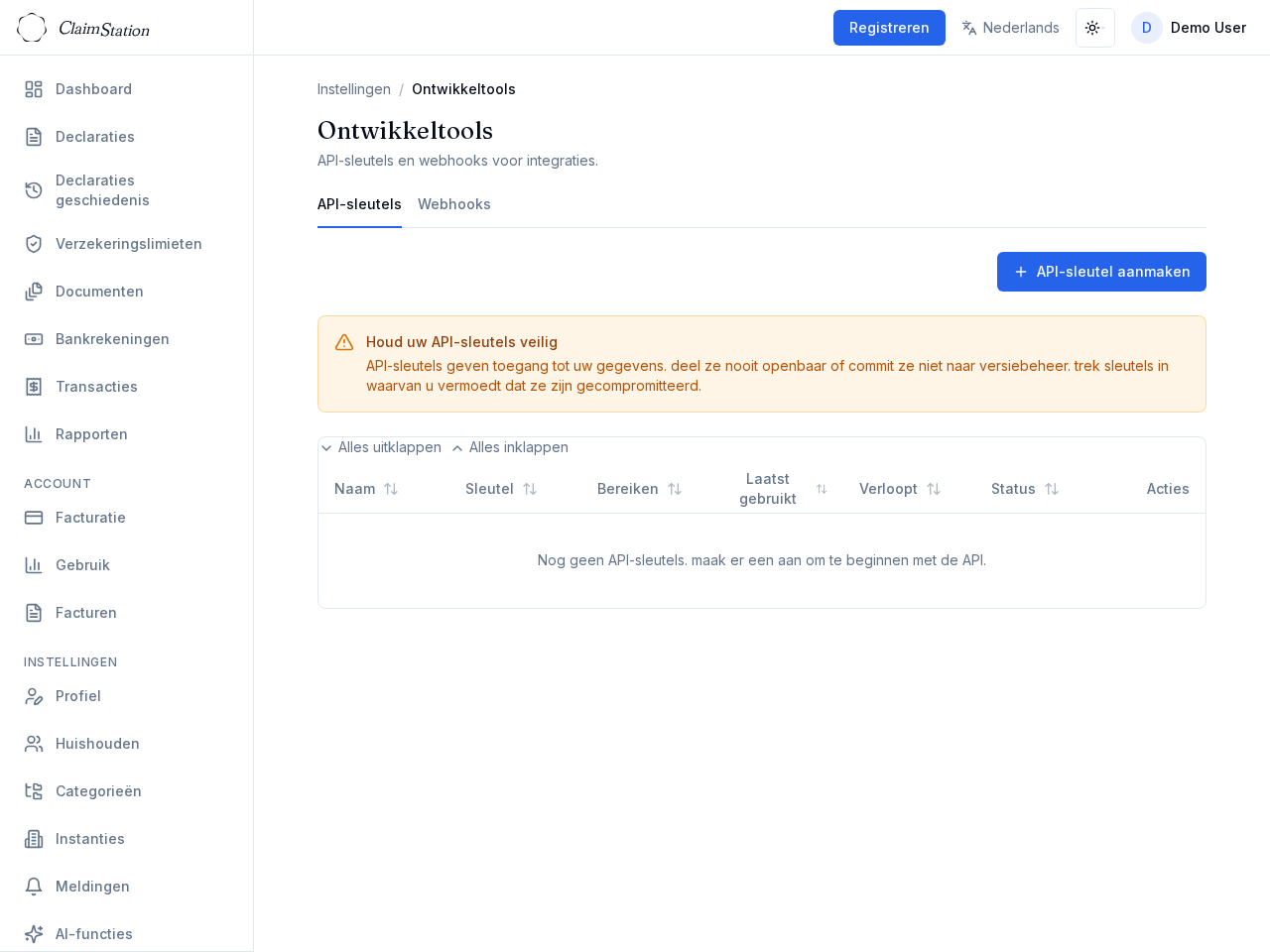 ClaimStation Settings Dev Tools API Keys